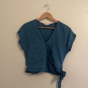 Madewell Cropped Wrap Top, size small, blue cotton